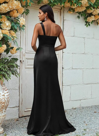 Sheath/Column One-Shoulder Silk Like Satin Bridesmaid Dresses With Ruffle