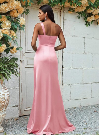Sheath/Column One-Shoulder Silk Like Satin Bridesmaid Dresses With Ruffle