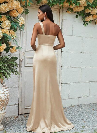 Sheath/Column One-Shoulder Silk Like Satin Bridesmaid Dresses With Ruffle