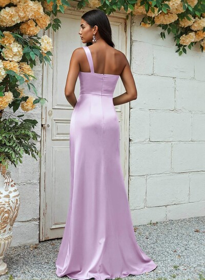 Sheath/Column One-Shoulder Silk Like Satin Bridesmaid Dresses With Ruffle
