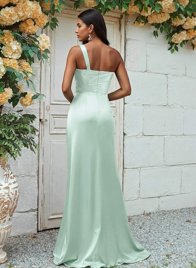 Sheath/Column One-Shoulder Silk Like Satin Bridesmaid Dresses With Ruffle