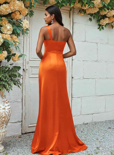 Sheath/Column One-Shoulder Silk Like Satin Bridesmaid Dresses With Ruffle