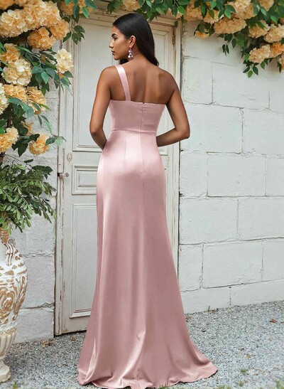 Sheath/Column One-Shoulder Silk Like Satin Bridesmaid Dresses With Ruffle
