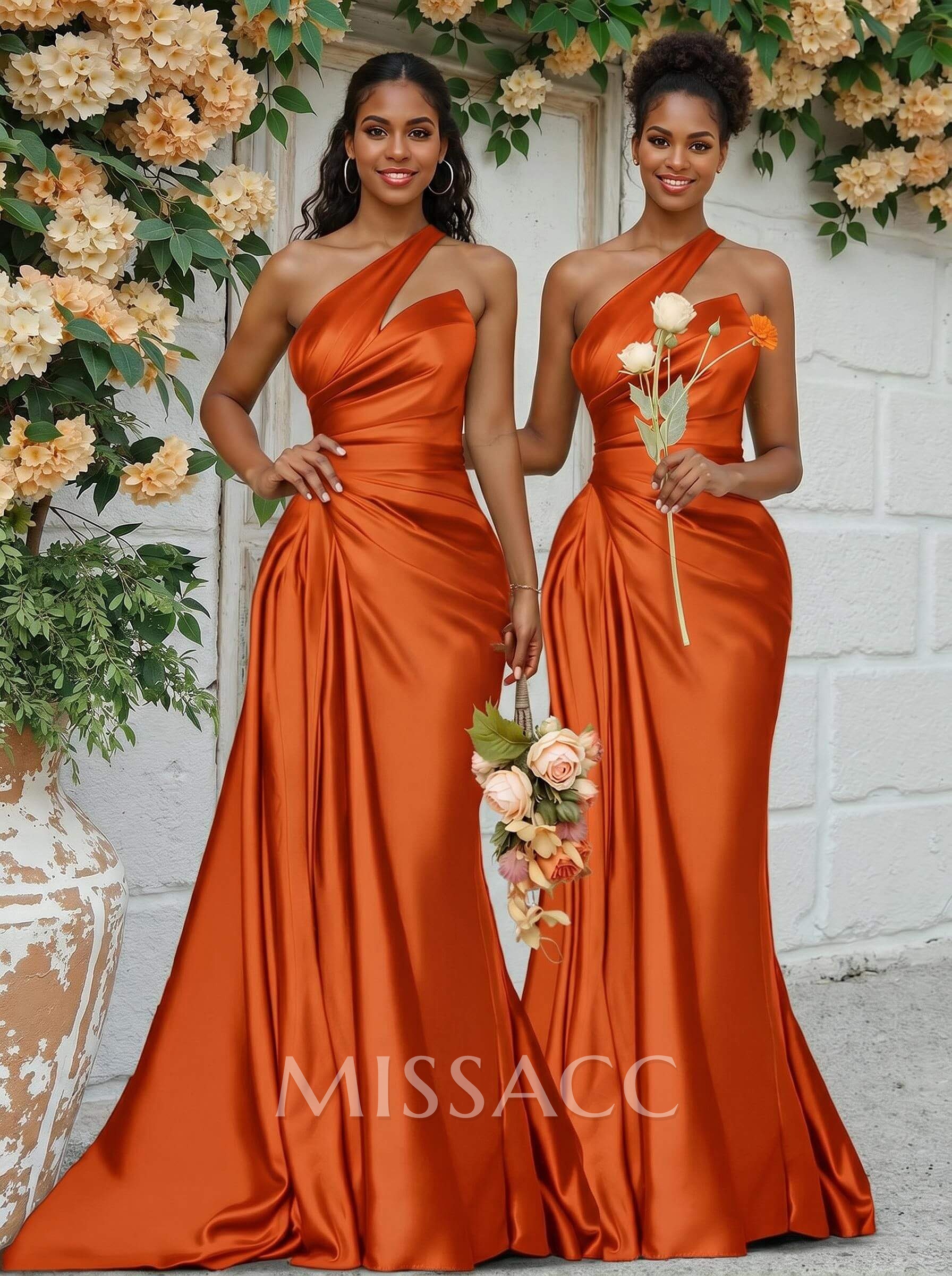 Sheath/Column One-Shoulder Silk Like Satin Bridesmaid Dresses With Ruffle