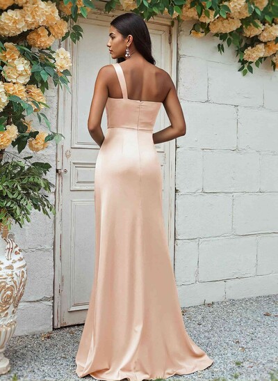 Sheath/Column One-Shoulder Silk Like Satin Bridesmaid Dresses With Ruffle