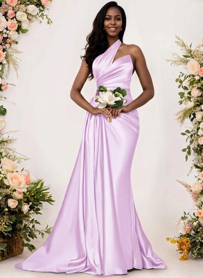 Sheath/Column One-Shoulder Silk Like Satin Bridesmaid Dresses With Ruffle