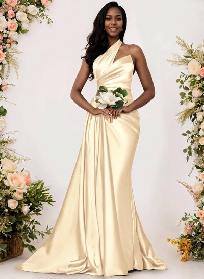Sheath/Column One-Shoulder Silk Like Satin Bridesmaid Dresses With Ruffle