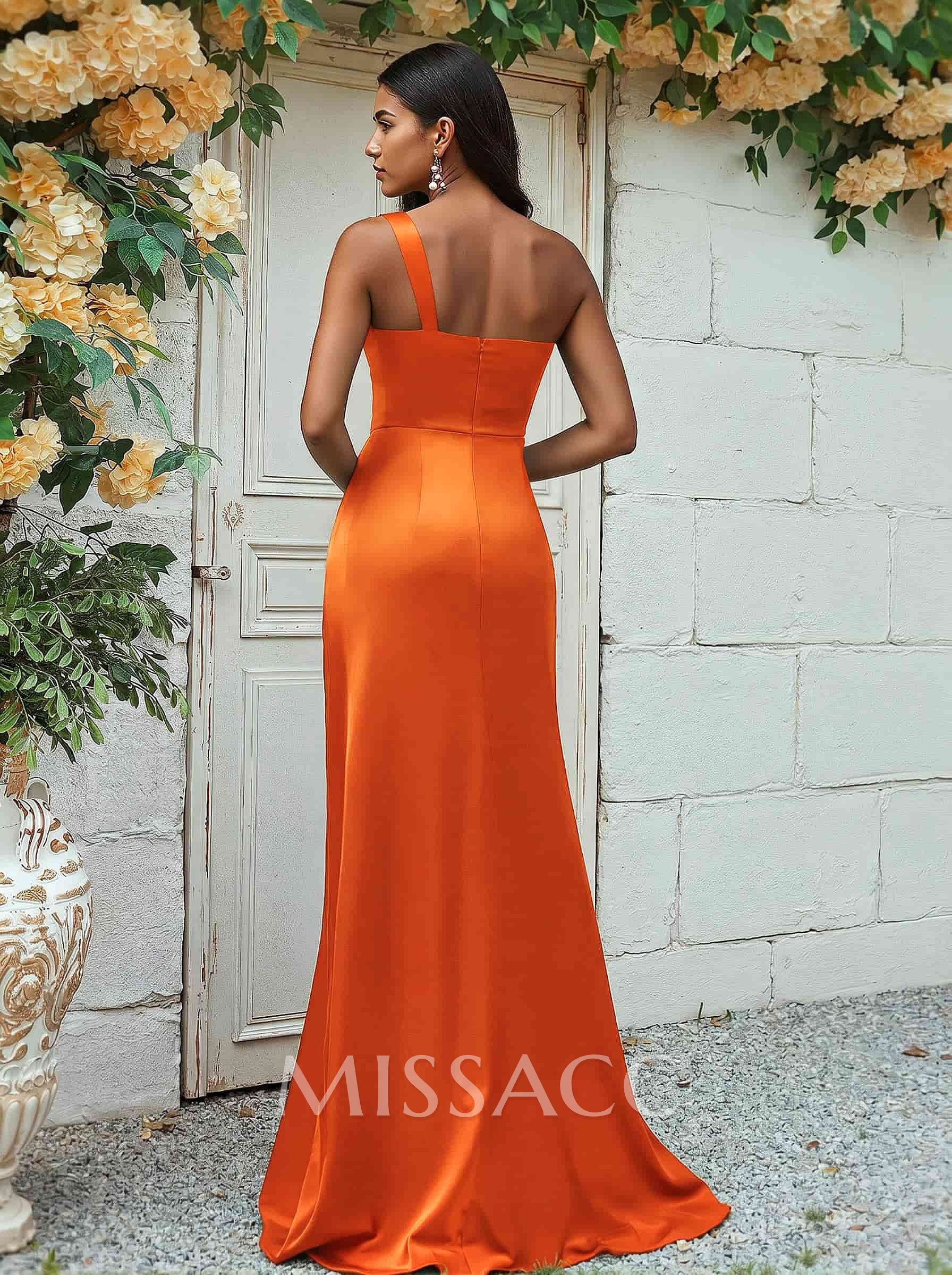 Sheath/Column One-Shoulder Silk Like Satin Bridesmaid Dresses With Ruffle
