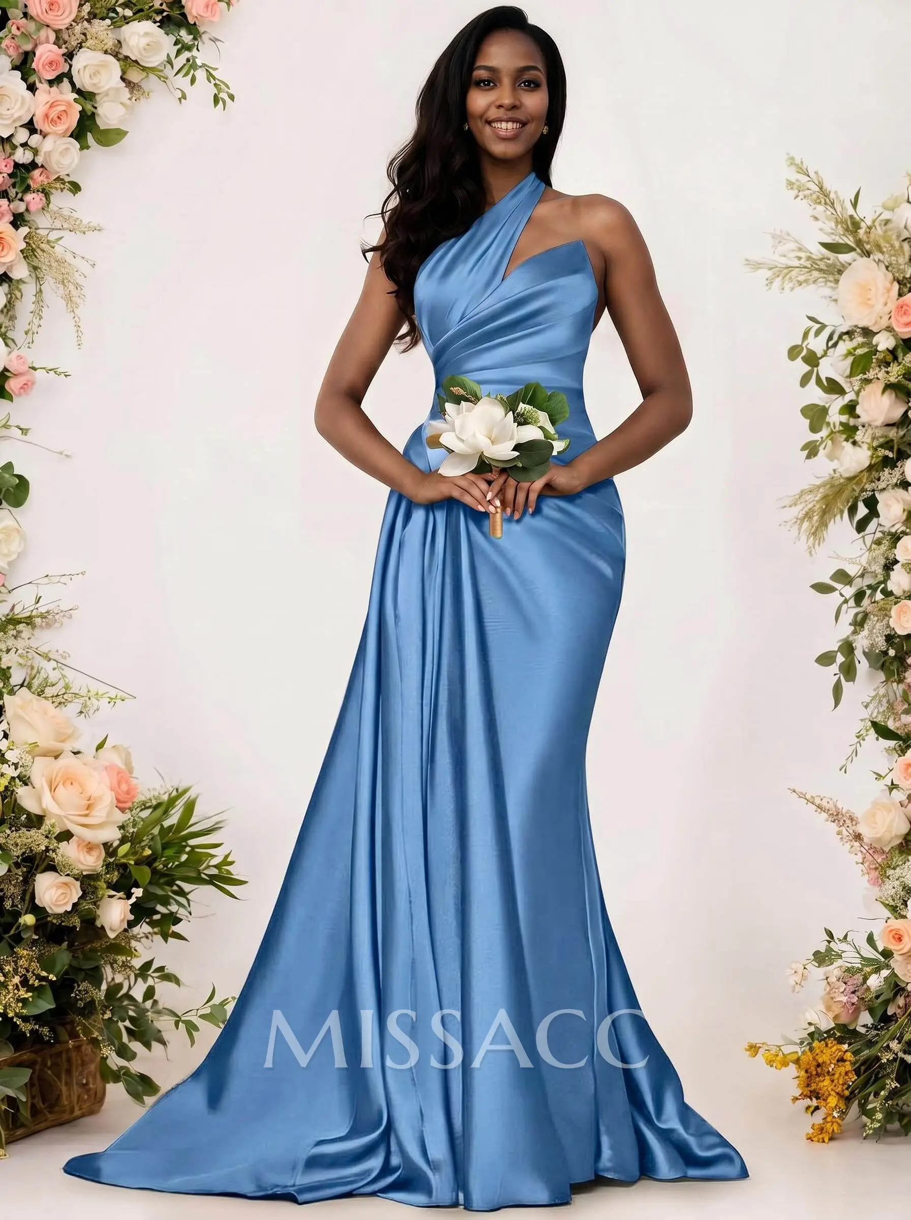 現行品　ERADIE Shoulder Ribbon Satin 美品 Sheath/Column One-Shoulder Silk Like Satin Bridesmaid Dresses With