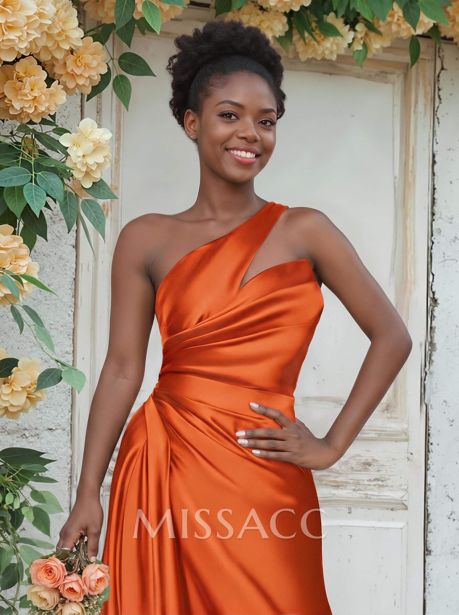 Sheath/Column One-Shoulder Silk Like Satin Bridesmaid Dresses With Ruffle