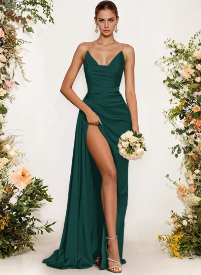 Sheath/Column Strapless Silk Like Satin Bridesmaid Dresses With Ruffle/Split Front