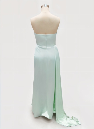 Sheath/Column Strapless Silk Like Satin Bridesmaid Dresses With Ruffle/Split Front