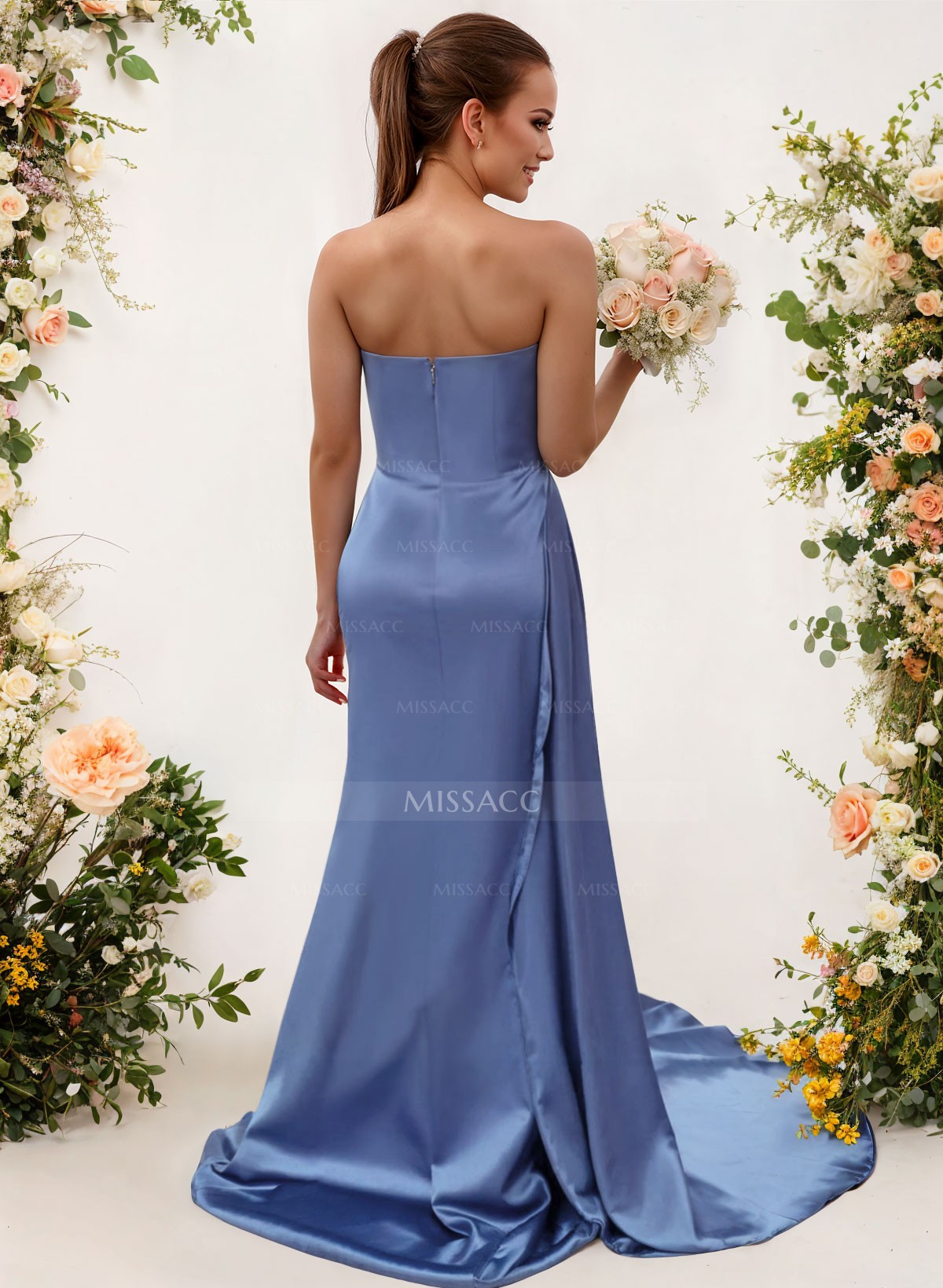 Sheath/Column Strapless Silk Like Satin Bridesmaid Dresses With Ruffle/Split Front