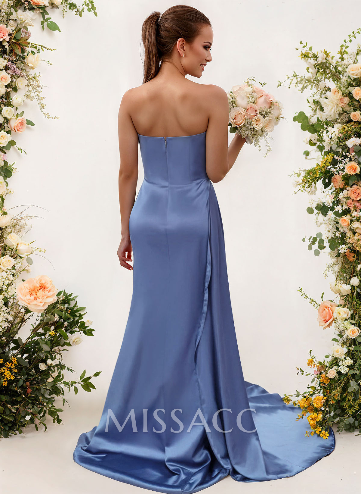 Sheath/Column Strapless Silk Like Satin Bridesmaid Dresses With Ruffle/Split Front Sheath/Column Strapless Silk Like Satin Bridesmaid Dresses With Ruffle/Split Front