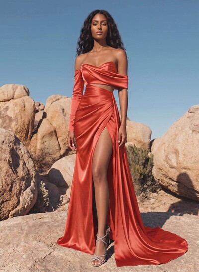 Sheath/Column Off-The-Shoulder Charmeuse Bridesmaid Dresses With High Split