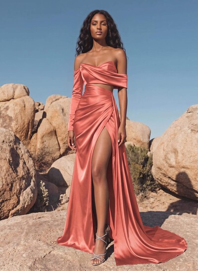Sheath/Column Off-The-Shoulder Charmeuse Bridesmaid Dresses With High Split