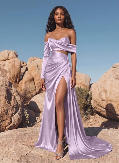 Sheath/Column Off-The-Shoulder Charmeuse Bridesmaid Dresses With High Split