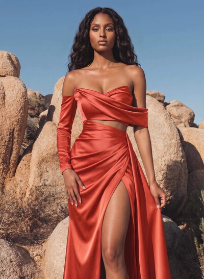 Sheath/Column Off-The-Shoulder Charmeuse Bridesmaid Dresses With High Split