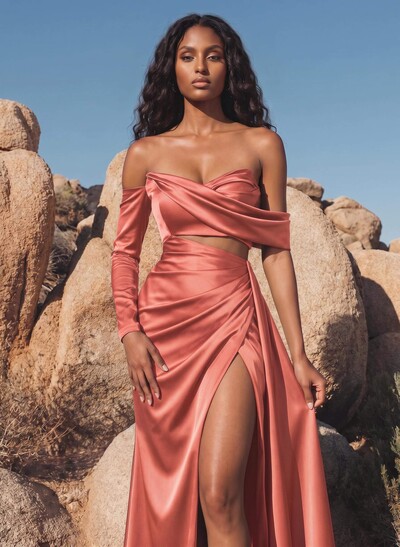 Sheath/Column Off-The-Shoulder Charmeuse Bridesmaid Dresses With High Split