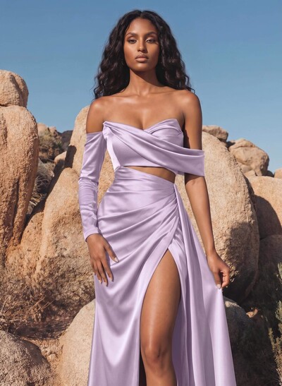 Sheath/Column Off-The-Shoulder Charmeuse Bridesmaid Dresses With High Split