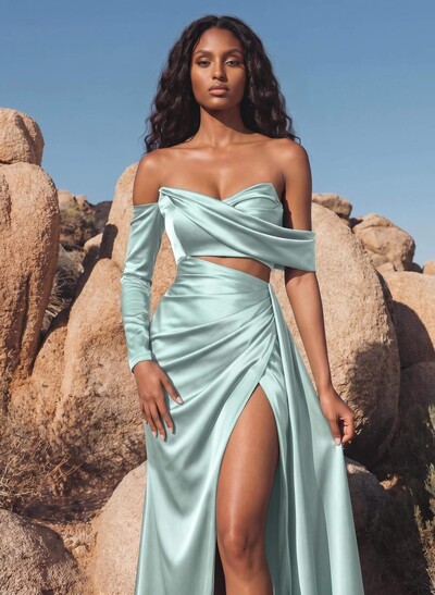 Sheath/Column Off-The-Shoulder Charmeuse Bridesmaid Dresses With High Split