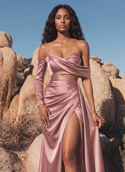 Sheath/Column Off-The-Shoulder Charmeuse Bridesmaid Dresses With High Split