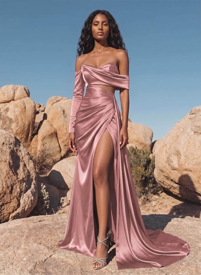 Sheath/Column Off-The-Shoulder Charmeuse Bridesmaid Dresses With High Split