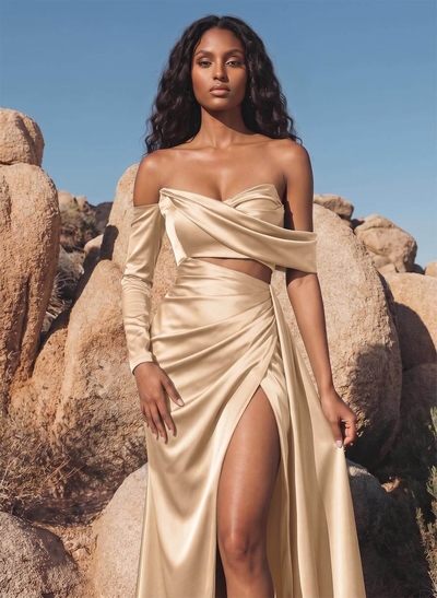 Sheath/Column Off-The-Shoulder Charmeuse Bridesmaid Dresses With High Split