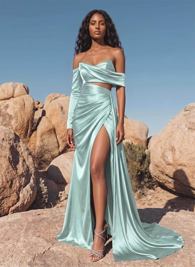 Sheath/Column Off-The-Shoulder Charmeuse Bridesmaid Dresses With High Split