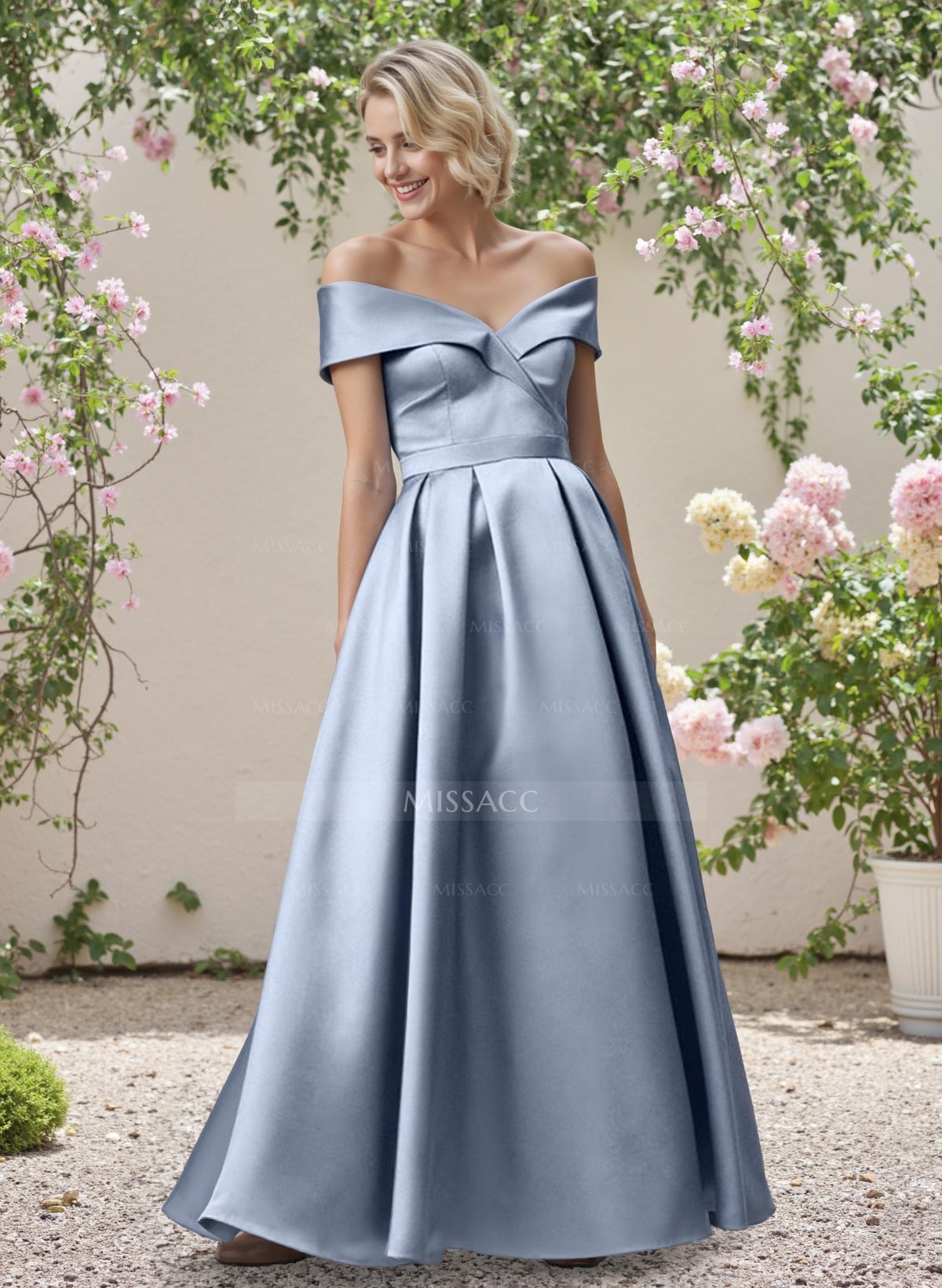 A-Line Off-The-Shoulder Sleeveless Floor-Length Satin Bridesmaid Dresses