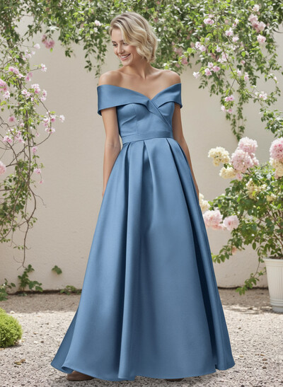 A-Line Off-The-Shoulder Sleeveless Floor-Length Satin Bridesmaid Dresses