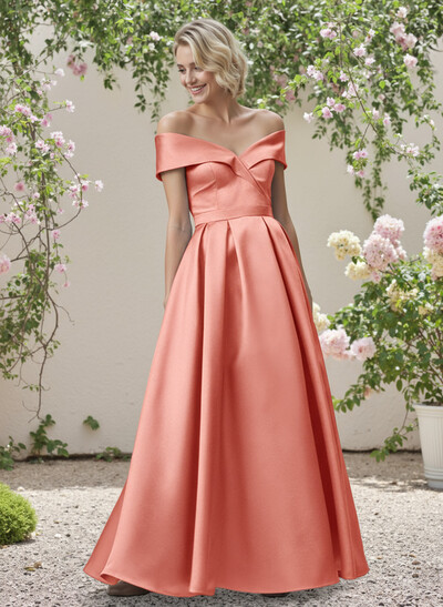 A-Line Off-The-Shoulder Sleeveless Floor-Length Satin Bridesmaid Dresses
