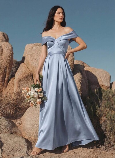A-Line Off-The-Shoulder Sleeveless Floor-Length Satin Bridesmaid Dresses