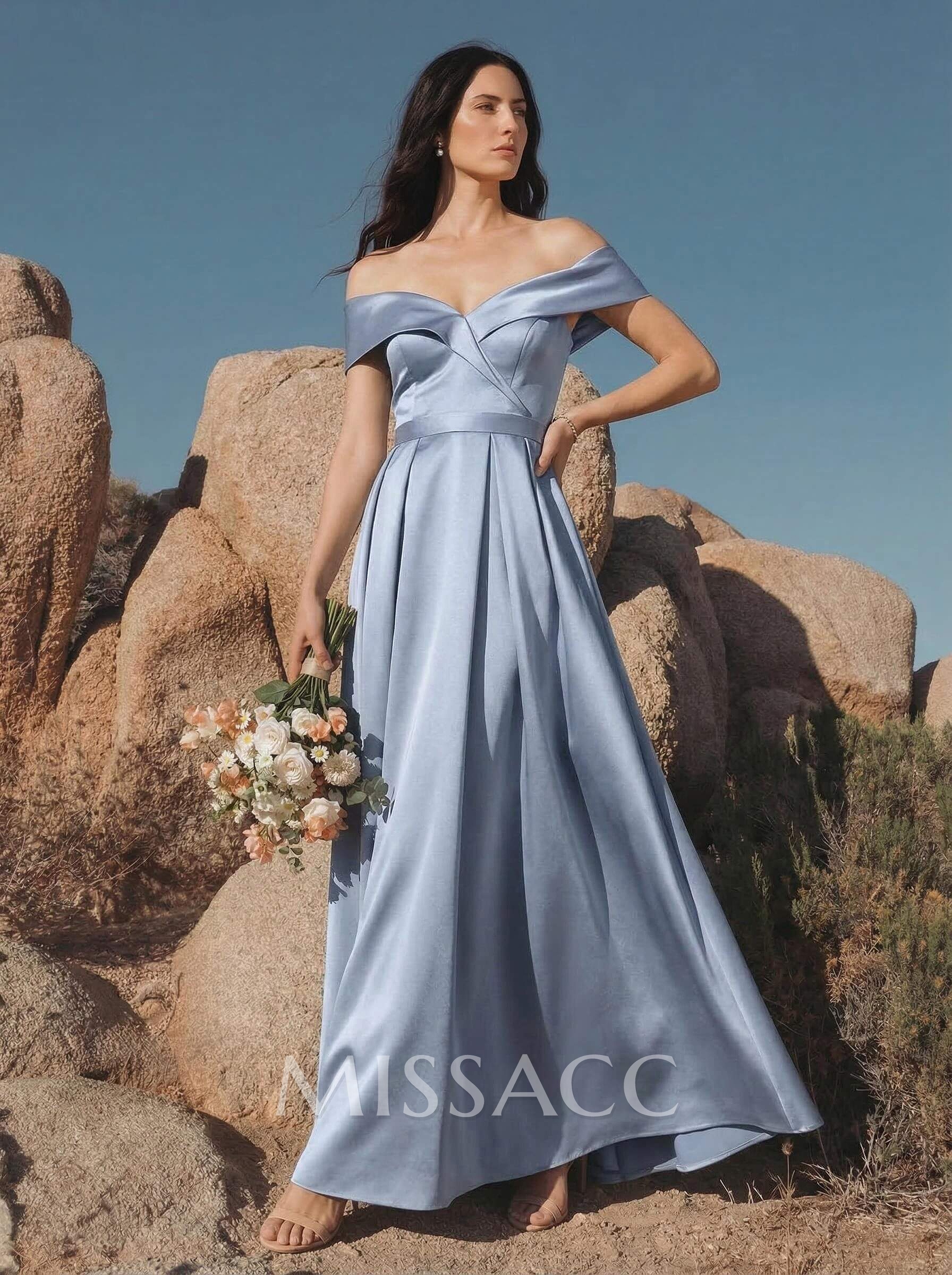 A-Line Off-The-Shoulder Sleeveless Floor-Length Satin Bridesmaid Dresses