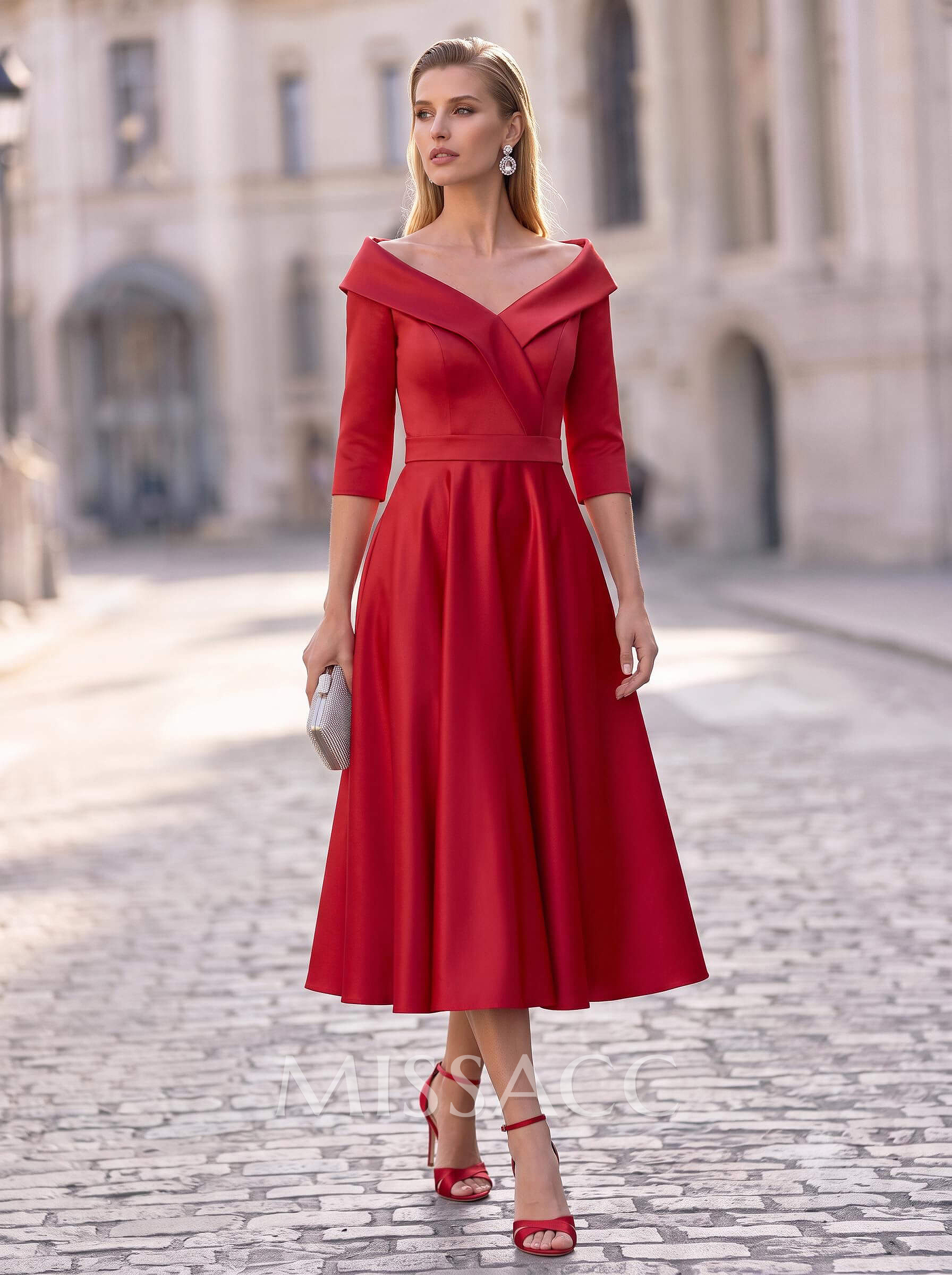 A-Line V-Neck 3/4 Sleeves Tea-Length Satin Cocktail Dresses