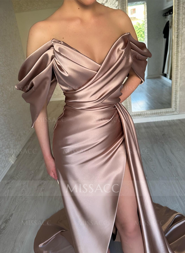 Off-The-Shoulder Sleeveless Sweep Train Evening Dresses With Split Front