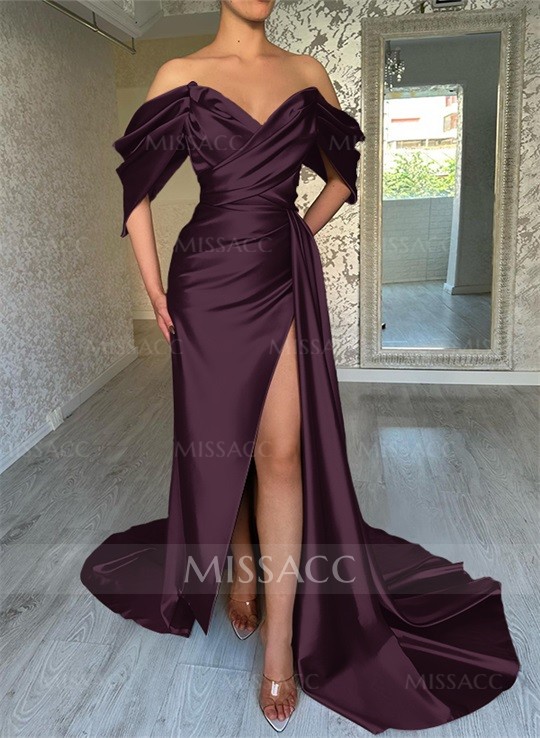 Off-The-Shoulder Sleeveless Sweep Train Evening Dresses With Split Front