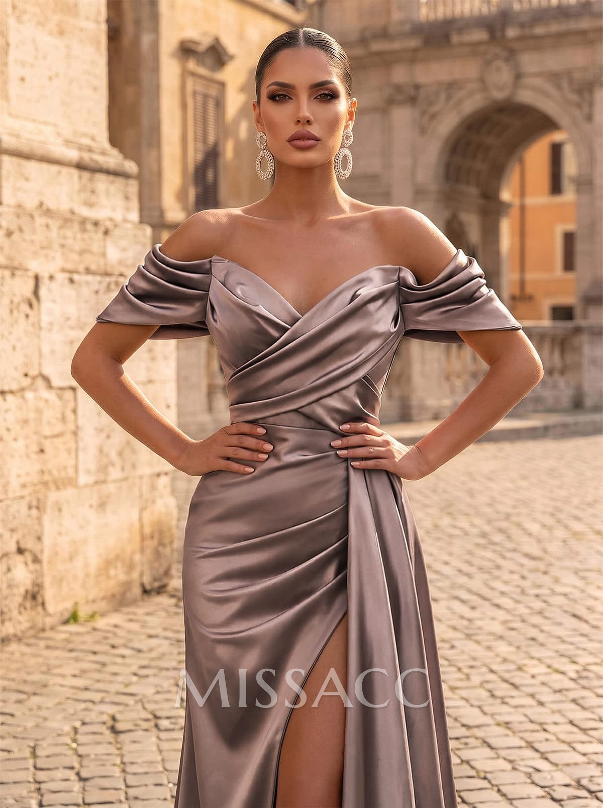 Off-The-Shoulder Sleeveless Sweep Train Evening Dresses With Split Front Off-The-Shoulder Sleeveless Sweep Train Evening Dresses With Split Front