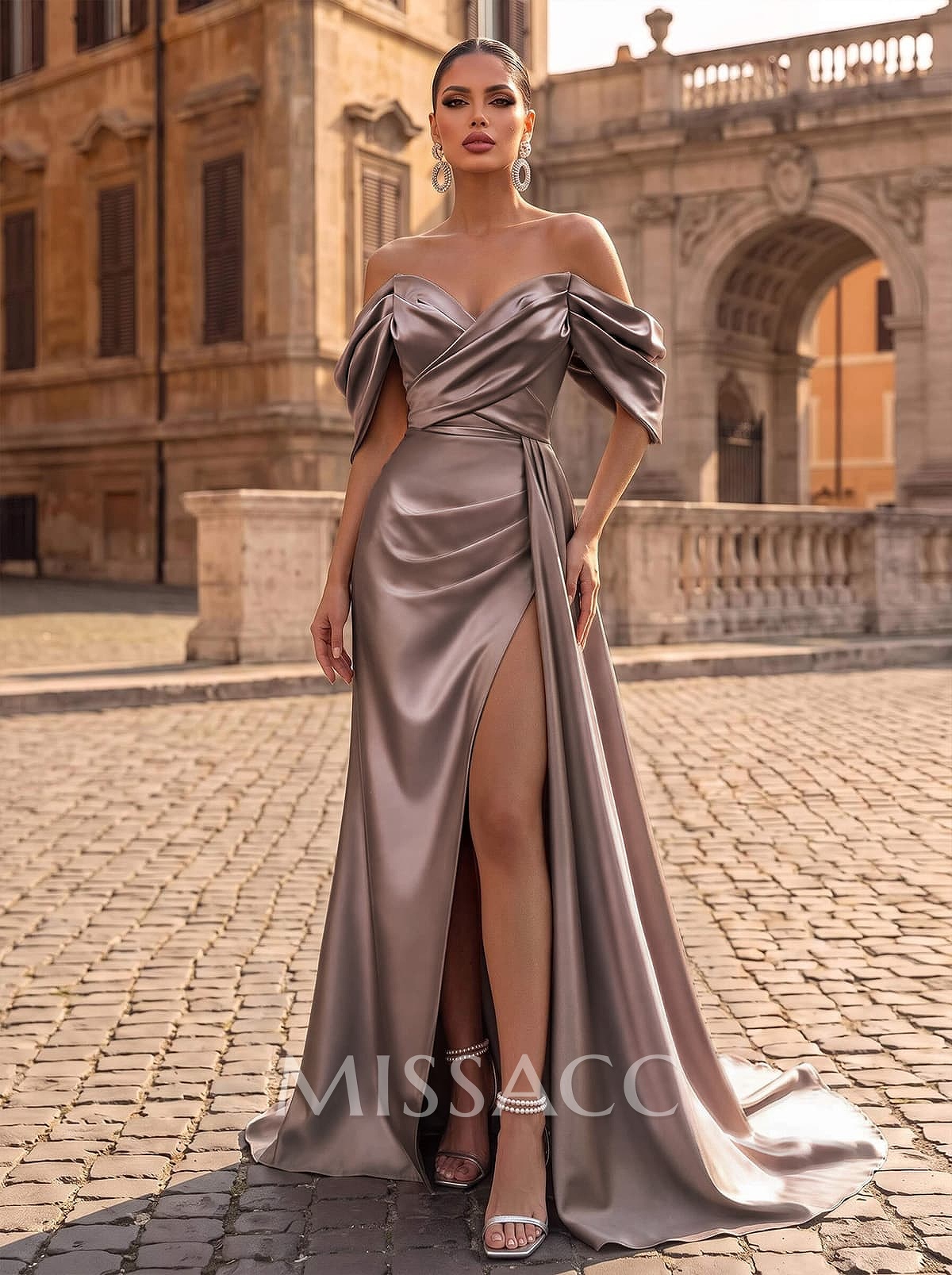 Off-The-Shoulder Sleeveless Sweep Train Evening Dresses With Split Front Off-The-Shoulder Sleeveless Sweep Train Evening Dresses With Split Front
