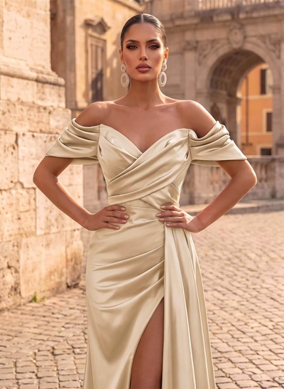 Off-The-Shoulder Sleeveless Sweep Train Evening Dresses With Split Front