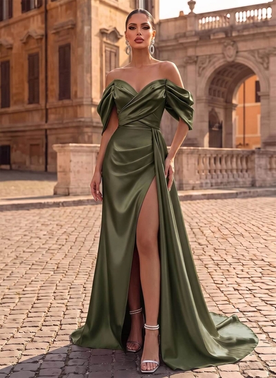 Off-The-Shoulder Sleeveless Sweep Train Evening Dresses With Split Front