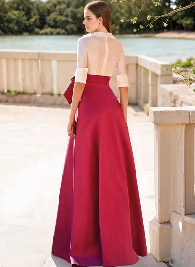 A-Line V-Neck 1/2 Sleeves Satin Evening Dresses With Bow(s)