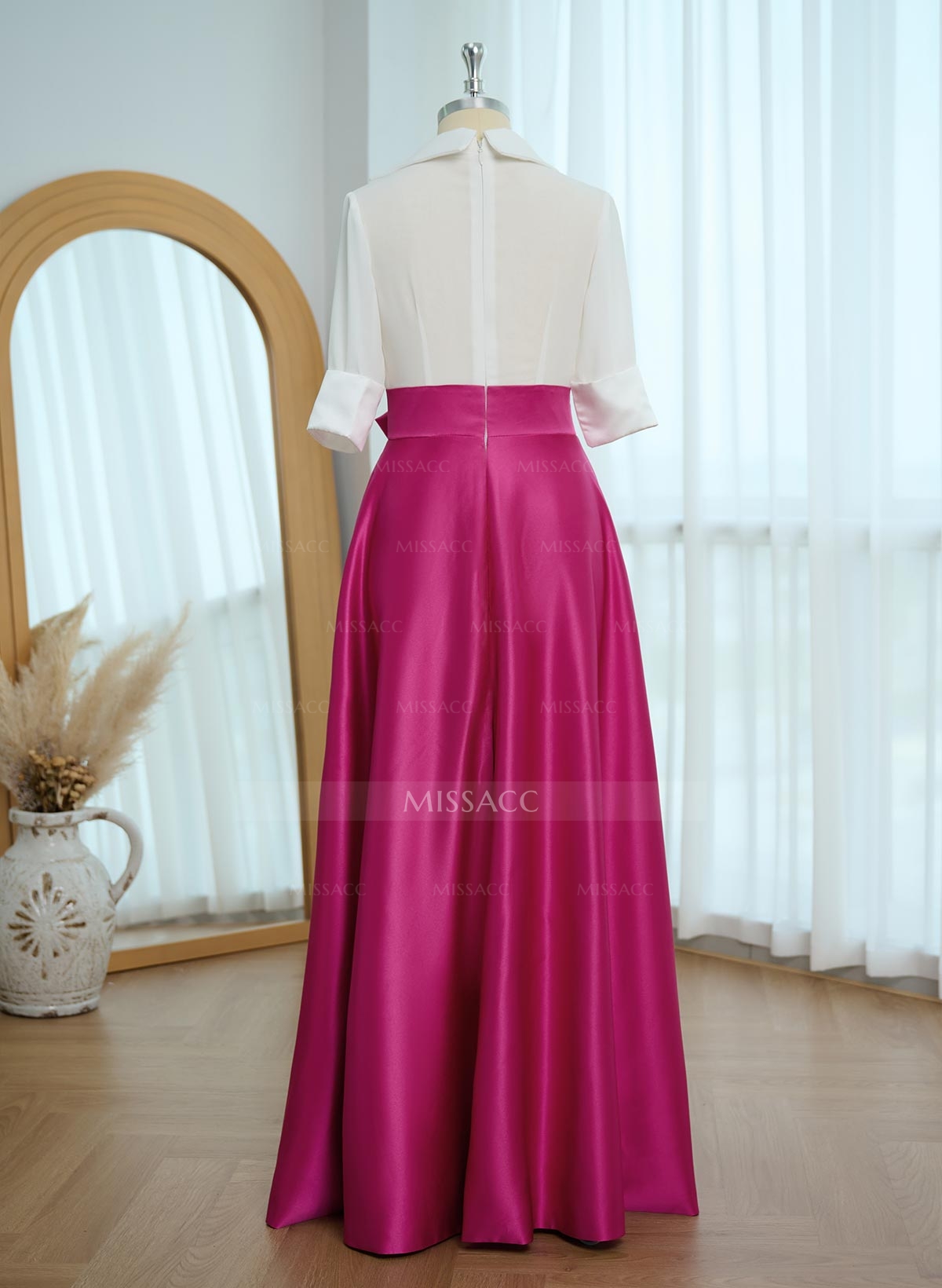 A-Line V-Neck 1/2 Sleeves Satin Evening Dresses With Bow(s)