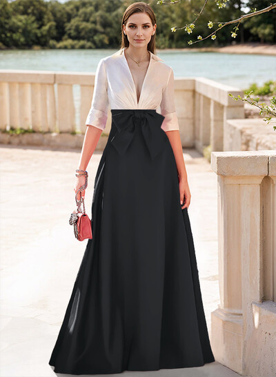 A-Line V-Neck 1/2 Sleeves Satin Evening Dresses With Bow(s)