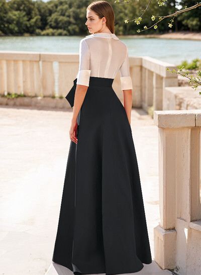 A-Line V-Neck 1/2 Sleeves Satin Evening Dresses With Bow(s)