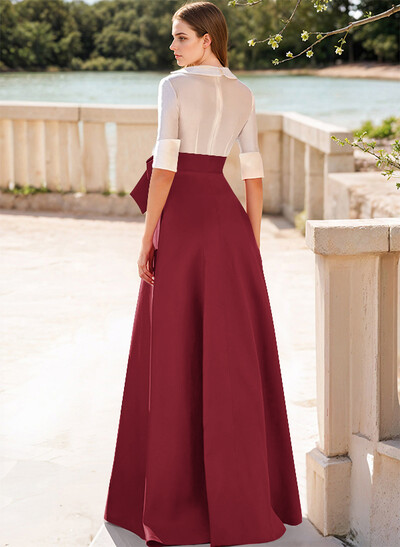 A-Line V-Neck 1/2 Sleeves Satin Evening Dresses With Bow(s)