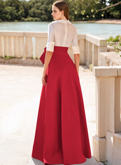 A-Line V-Neck 1/2 Sleeves Satin Evening Dresses With Bow(s)