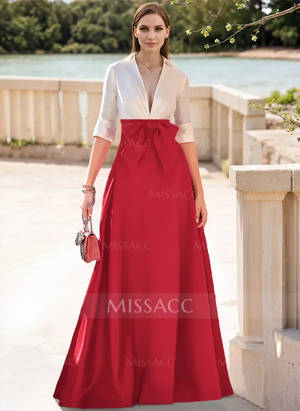 V-Neck Acetate Satin Girl's Dress with Bow Steel Grey