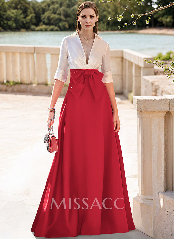 A-Line V-Neck 1/2 Sleeves Satin Evening Dresses With Bow(s) A-Line V-Neck 1/2 Sleeves Satin Evening Dresses With Bow(s)