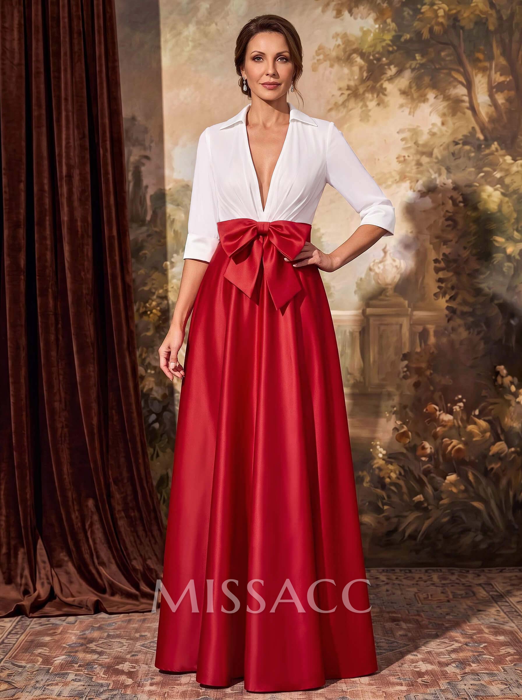 A-Line V-Neck 1/2 Sleeves Satin Evening Dresses With Bow(s)